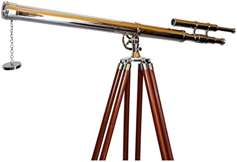 Maritime Antique Brass Double Barrel Telescope with Wooden Tripod