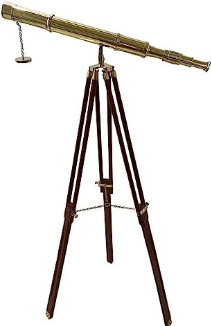 Single Barrel Brass Telescope with Adjustable Wooden Tripod Stand