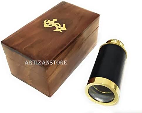Brass Handheld Telescope with Anchor Wooden Box 6 Inch