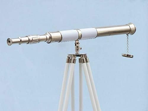 60 Inch Floor Standing Chrome White Leather Telescope with Wooden Tripod Stand