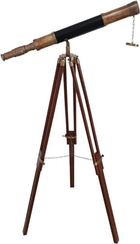 Antique Telescope Black Leather with Wooden Stand and Tripod Decor