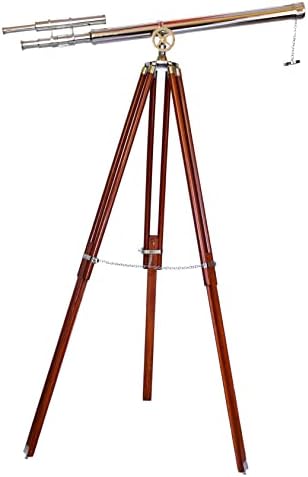 Maritime Antique Brass Double Barrel Telescope with Wooden Tripod