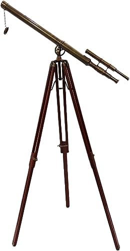 Antique Telescope Double Barrel Wooden Tripod Stand with Adjustable Height