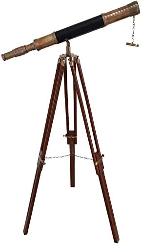 Antique Telescope with Black Leather and Wooden Tripod