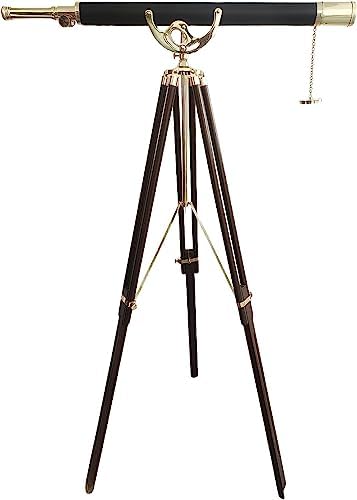 Vintage Nautical Brass Telescope with Wood Tripod