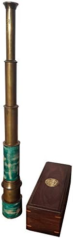 Antique Brass Telescope with Wooden Box and Leather Handle