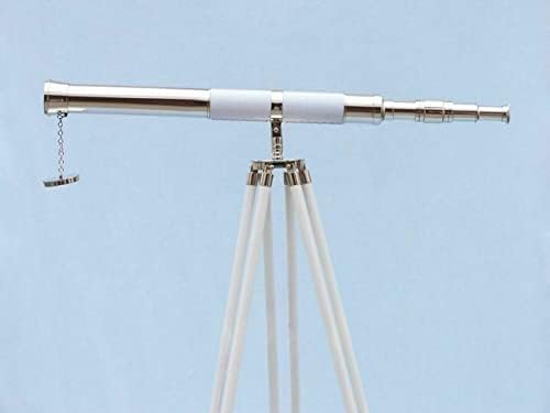 60 Inch Floor Standing Chrome White Leather Telescope with Wooden Tripod Stand