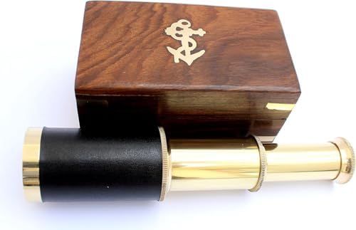 6 Inch Nautical Pirate Brass Telescope with Anchor Wooden Box