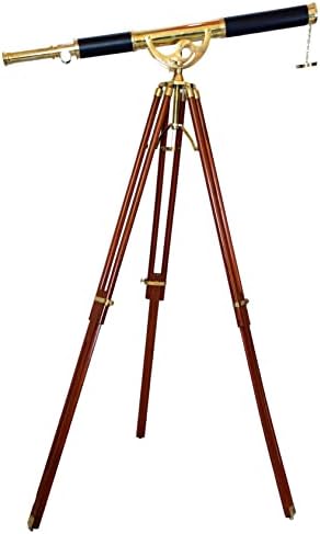 Nautical Floor Standing Brass Telescope With Brown Wooden Tripod