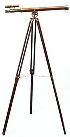Antique Nautical Floor Standing Brass Telescope with Wooden Tripod