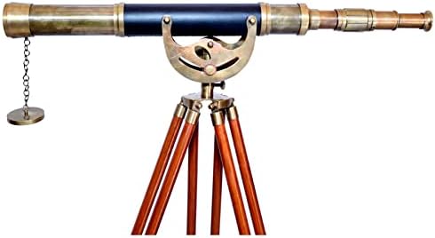 Antique Manual Focus Brass Telescope with Wooden Tripod Stand