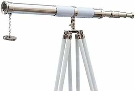 60 Inch Floor Standing Chrome White Leather Telescope with Wooden Tripod Stand