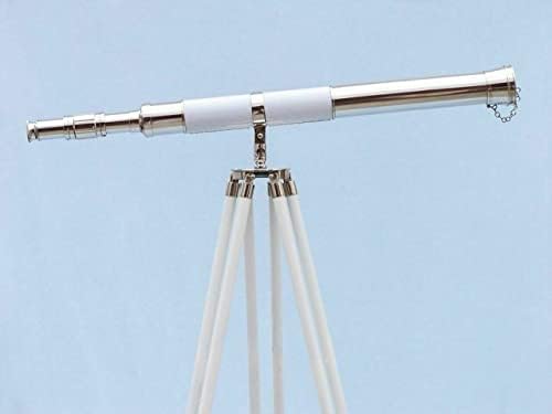 60 Inch Floor Standing Chrome White Leather Telescope with Wooden Tripod Stand