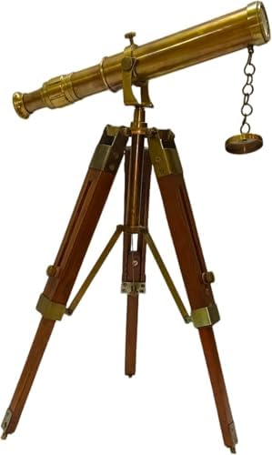 Antique Brass Marine Telescope with Wooden Tripod Stand