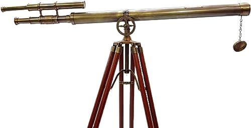 Antique Telescope Double Barrel Wooden Tripod Stand with Adjustable Height