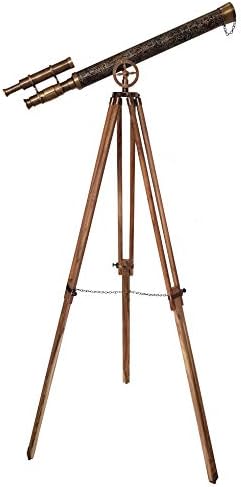 Antique Brass Double Barrel Telescope on Wooden Tripod