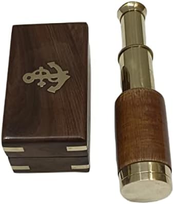Mini Pirate Spyglass Brass Collapsible Telescope with Wooden Box