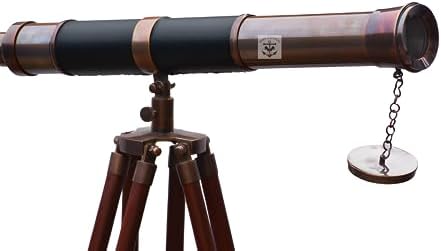 Nautical Antique Brass Telescope With Wooden Tripod