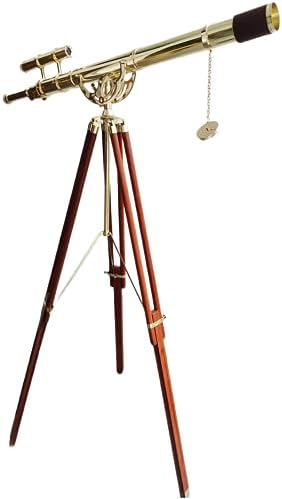 Maritime Nautical Telescope with Brass Double Barrel and Wooden Tripod Stand by NAVIROCK