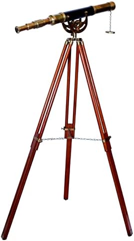 Antique Manual Focus Brass Telescope with Wooden Tripod Stand