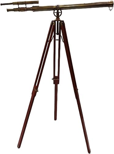 Antique Telescope Double Barrel Wooden Tripod Stand with Adjustable Height