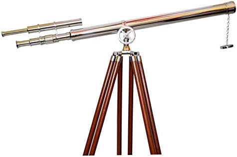 Maritime Antique Brass Double Barrel Telescope with Wooden Tripod