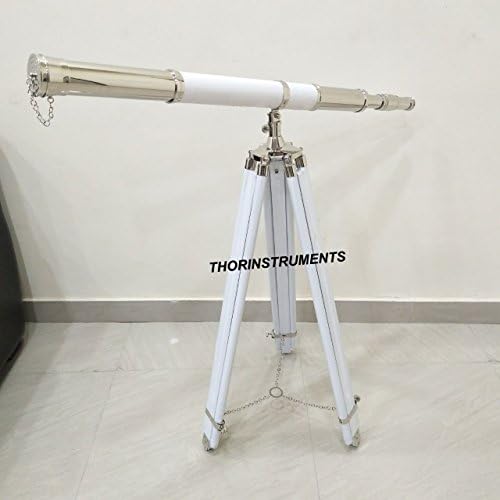 Nautical Floor Standing Chrome White Leather Admiral Telescope 60 Inches
