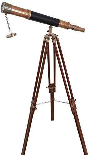 Nautical Antique Solid Brass Telescope with Wooden Tripod