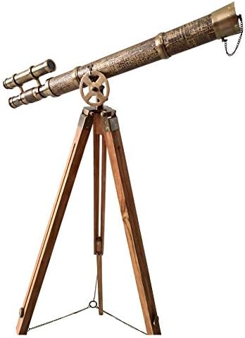 Double Barrel Nautical Brass Telescope with Wooden Tripod
