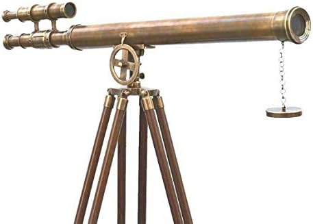 Antique Nautical Floor Standing Brass Telescope with Wooden Tripod
