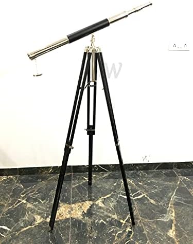 Nautical Brass Telescope with Black Leather Wrap and Wooden Tripod