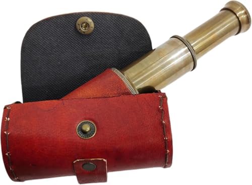 6 Inch Solid Brass Handheld Telescope with Brown Leather Case