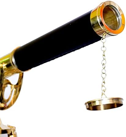 Nautical Floor Standing Brass Telescope With Brown Wooden Tripod