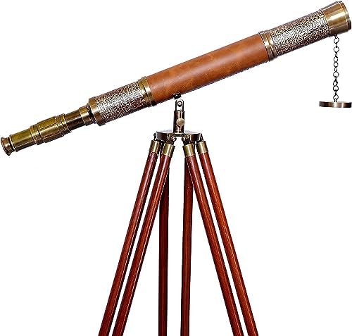 Antique Brass Navy Telescope with Wooden Tripod