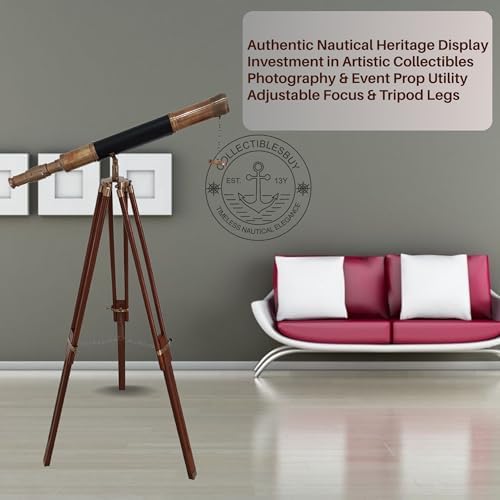 Antique Telescope with Black Leather and Wooden Tripod