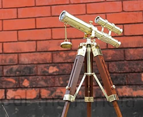 Vintage Nautical Brass Telescope with Wooden Tripod