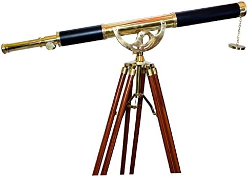 Nautical Floor Standing Brass Telescope With Brown Wooden Tripod
