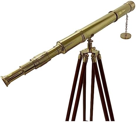 Single Barrel Brass Telescope with Adjustable Wooden Tripod Stand