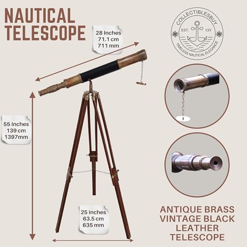 Antique Telescope with Black Leather and Wooden Tripod