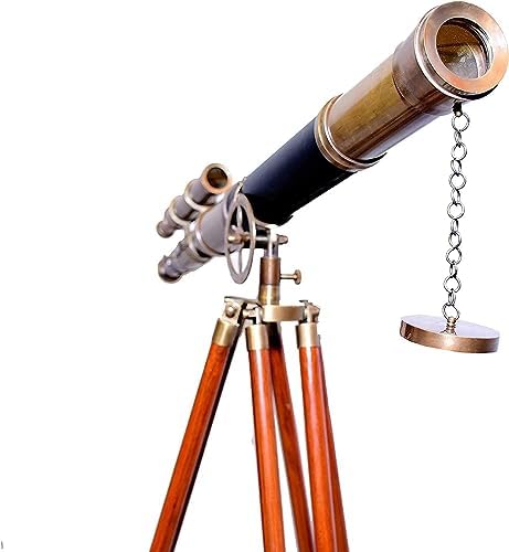 Antique Brass Telescope with Brown Leather Handle and Wooden Tripod Stand