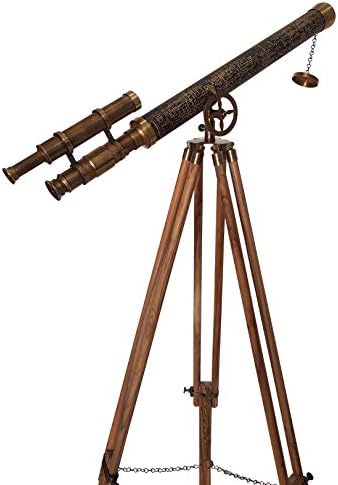 Antique Brass Double Barrel Telescope on Wooden Tripod