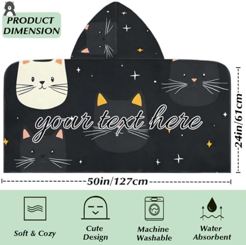 Personalized Kids Cat Print Hooded Beach Towel