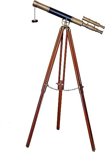 Antique Brass Telescope with Brown Leather Handle and Wooden Tripod Stand