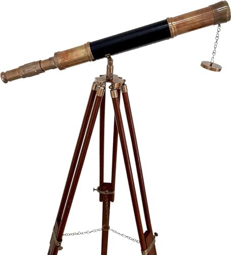 Antique Telescope Black Leather with Wooden Stand and Tripod Decor