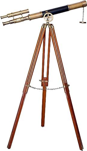 Antique Brass Telescope with Brown Leather Handle and Wooden Tripod Stand
