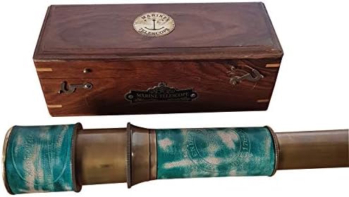 Antique Brass Telescope with Wooden Box and Leather Handle
