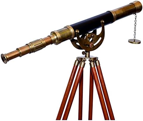 Antique Manual Focus Brass Telescope with Wooden Tripod Stand