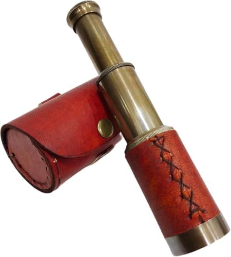 6 Inch Solid Brass Handheld Telescope with Brown Leather Case