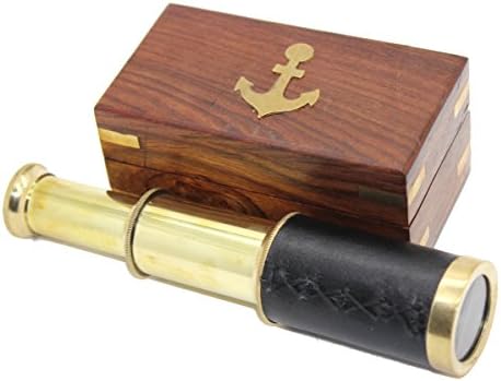 Govinda 6 Inch Nautical Brass and Leather Spyglass Telescope with Rosewood Box