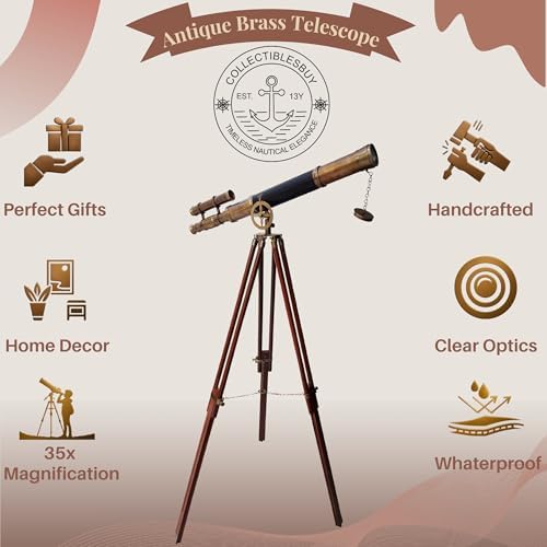 Nautical Double Barrel Brass Telescope with Wooden Tripod